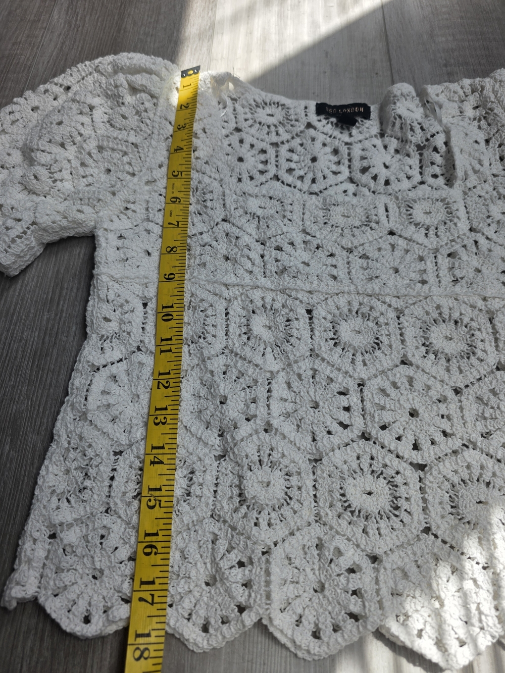 Qed London Crochet Knit Top White Boho Cottagecore Puff Sleeve S/M - Picture 8 of 9